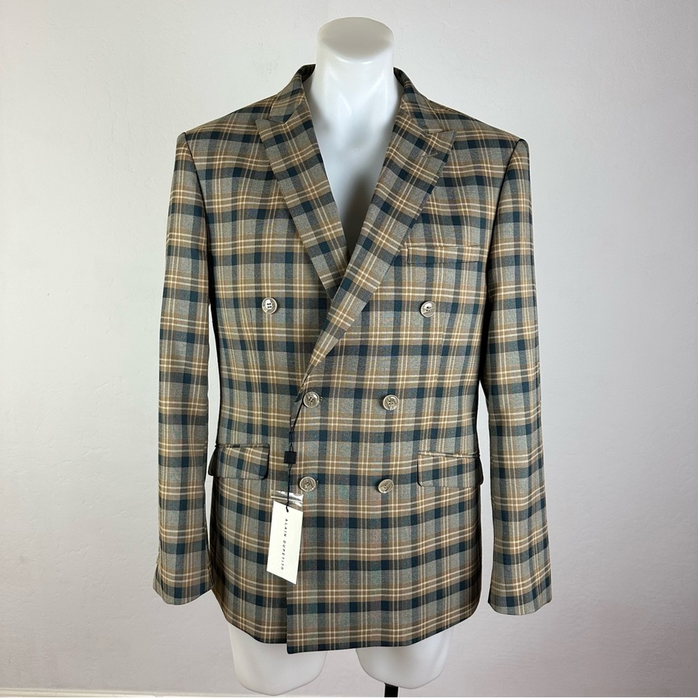 NWT Alain Dupetit Neutral Plaid Double-Breasted Sport Jacket